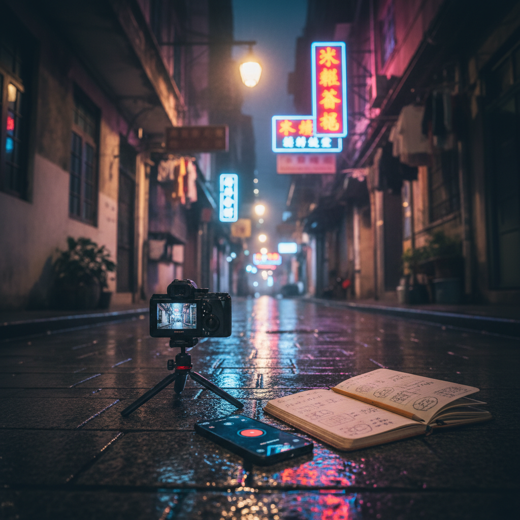 A narrow Macau alley at night is captured from ground level, rain-slick cobblestones reflecting layered neon signs and the pale glow of old street lamps. In the foreground, a compact camera on a small tripod stands next to an open notebook with sketched shot lists, while a smartphone on the pavement shows a video recording interface. The alley recedes into soft bokeh lights, with hanging laundry and weathered walls adding texture. Subtle mist in the air catches the colored lights, creating a cinematic, moody atmosphere. Photographic realism with a strong sense of depth, rich contrast, and a sophisticated urban tone suited for a digital media reflection post.