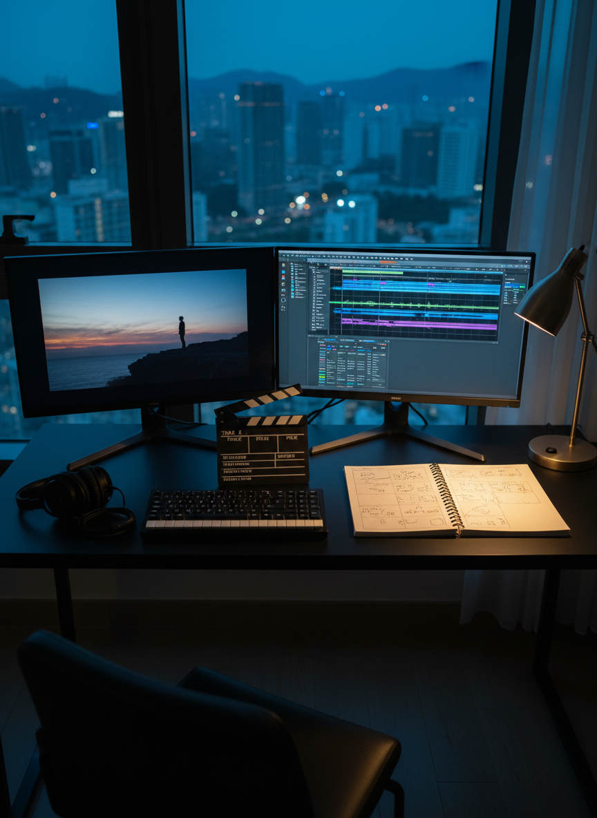 An elegant dual-monitor setup displays a still frame from an independent short film on one screen and a layered audio waveform on the other, both tinted with subtle interface blues. The monitors sit on a minimalist black desk beside a compact MIDI keyboard and a pair of studio headphones gently resting on a film clapperboard. Evening city light from a Macau high-rise window creates a cool ambient glow, while a single warm desk lamp pools light onto a notebook filled with hand-drawn storyboards. Shot from a slightly elevated angle in photographic realism, the image feels focused, reflective, and professional, capturing the creative digital media process without showing any people.