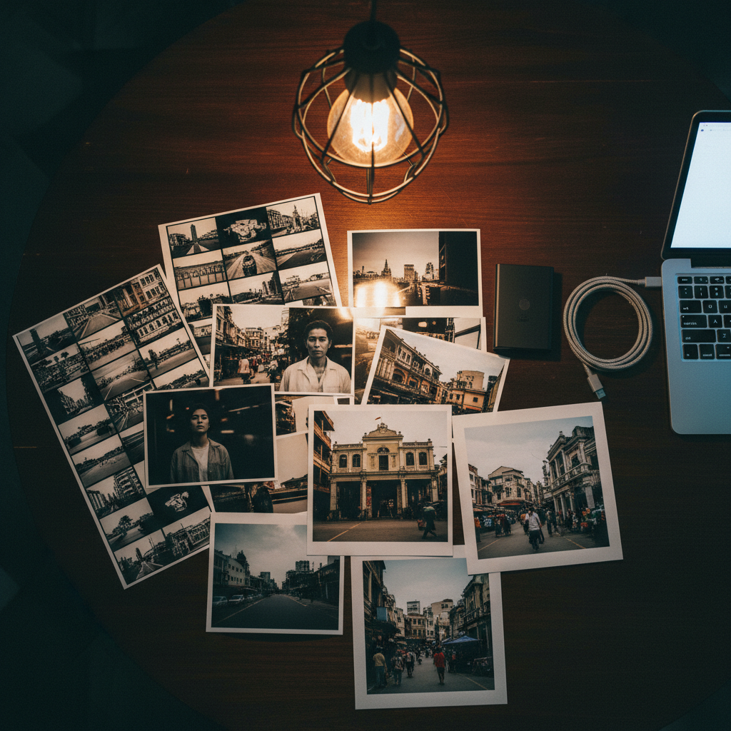 On a dark wooden table, a spread of printed contact sheets, glossy 4x6 stills from short films, and a few square-format street photographs from Macau overlap in a controlled, intentional mess. A slim external SSD and a neatly coiled USB-C cable rest beside a laptop partly visible at the frame’s edge, its screen casting a faint cool glow. A single overhead pendant light creates a spotlight effect, emphasizing the prints’ varied textures and subtle color grading. Shot from directly above in photographic realism, with sharp focus across the frame, the image feels analytical yet artistic, ideal for illustrating a post about editing, curation, and creative decision-making in digital media.