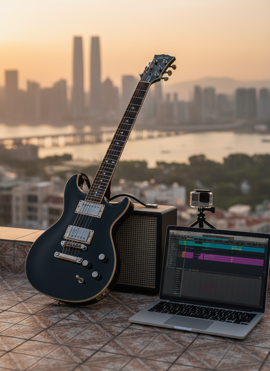 A glossy black electric guitar leans against a modest amplifier on a tiled Macau rooftop, its chrome hardware and wound strings catching the last golden-hour light. Beside it, an open laptop displays a digital audio workstation with visible tracks, while a small action camera on a mini tripod aims toward the horizon. In the distance, Macau’s skyline and a bridge fade into a pleasantly blurred background. The scene is photographed at a low angle, emphasizing the guitar’s sculpted body and the textured rooftop. Warm, cinematic lighting and shallow depth of field create a contemplative, sophisticated mood tied to music and multimedia experimentation.