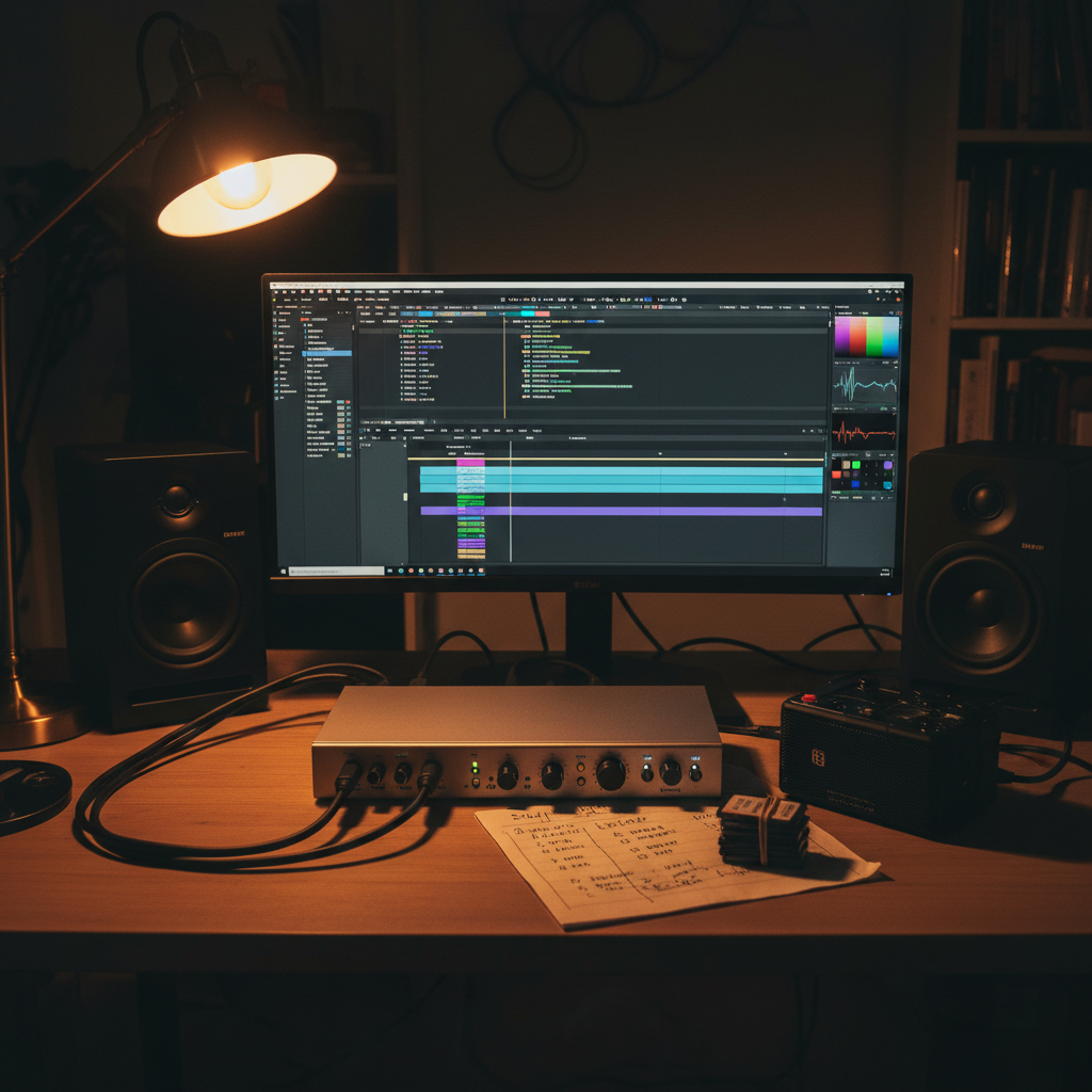 A compact home studio corner shows a well-used digital audio interface, balanced studio monitors, and a large-screen display running a film timeline with color grading scopes visible on the side. On the desk lies a handwritten shot list next to a portable field recorder and a small stack of labeled SD cards. Warm, directional light from an adjustable desk lamp carves out a cozy pool of illumination, while the rest of the room falls into a soft, sophisticated darkness. Captured at eye level in photographic realism with a mild vignette, the composition feels intimate and focused, representing behind-the-scenes digital media production work for freelance projects.