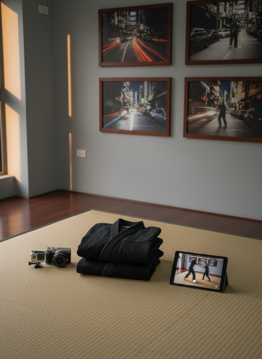 A pair of carefully folded black martial arts uniforms rests on a tatami-style mat in a quiet studio corner, alongside a small action camera, a compact mirrorless camera, and a tablet showing paused footage of a training session. The walls feature framed long-exposure photographs of Macau streets and nighttime alleys, softly out of focus. Diffused overhead lighting and a sliver of late-afternoon daylight from a side window create gentle, even illumination with subtle shadows that add depth. Shot from an overhead, slightly diagonal perspective in photographic realism, the composition feels disciplined and introspective, emphasizing the convergence of physical practice and digital media documentation without any human presence.